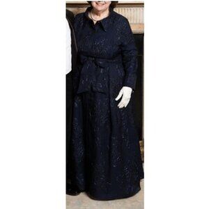 Teri Jon Navy Metallic Jacquard Shirtdress Gown, Size 22, with Floral Print